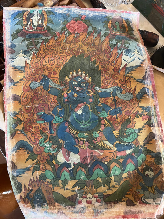 This guardian deity defends Dharma from corruption & degeneration. He guides and protects one from all kinds of deception & delusion, and bestows the power to overcome life struggles. Early to mid 20th century,  Handpainted without backing. Ships gently rolled in a tube.