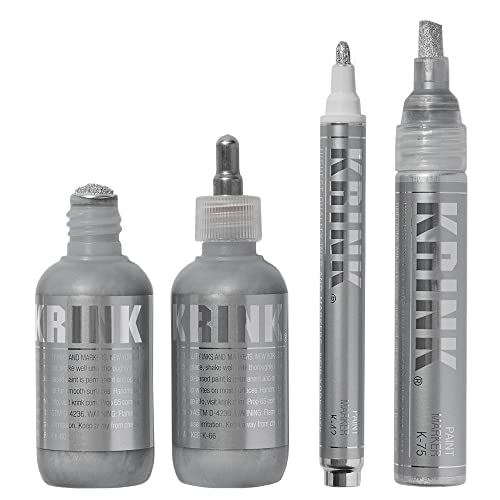 Krink Paint Marker 4-Pc Silver Set - Graffiti Markers Pack of 4 Includes K-60 Mop - K-66 Ball-Point - K-42 Bullet-Tip - K-75 Chisel-Tip – Alcohol-Based Silver Paint Marker Set for Multiple Surfaces - TiquesandFleas at The Gray Market