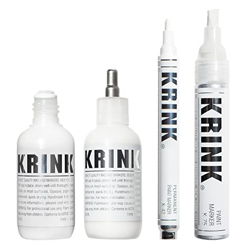 Krink Paint Marker 4-Pc White Set - Graffiti Markers Pack of 4 Includes K-60 Mop - K-66 Ball-Point - K-42 Bullet-Tip - K-75 Chisel-Tip - Alcohol-based White Paint Marker Set for Multiple Surfaces - TiquesandFleas at The Gray Market