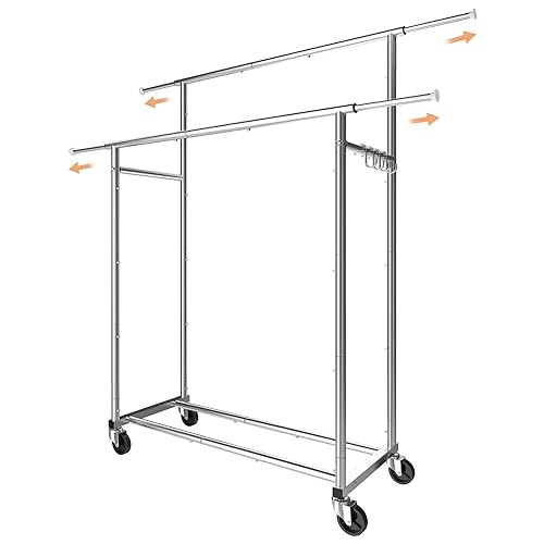 Simple Trending Double Rod Clothing Garment Rack, Rolling Clothes Organizer on Wheels for Hanging Clothes,with 4 hooks, Chrome - TiquesandFleas at The Gray Market